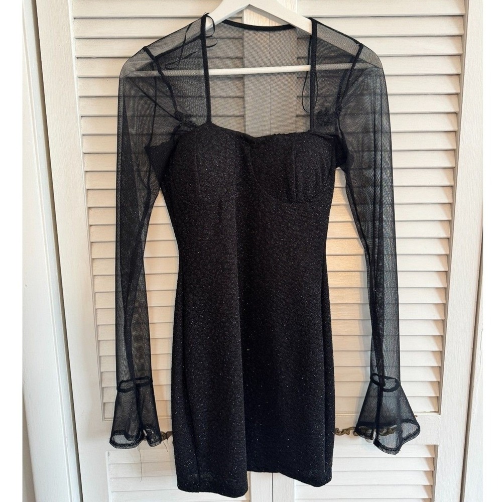 Windsor Mini Dress Glitter Mesh Sleeve M Black Women Party Cocktail Night Out
